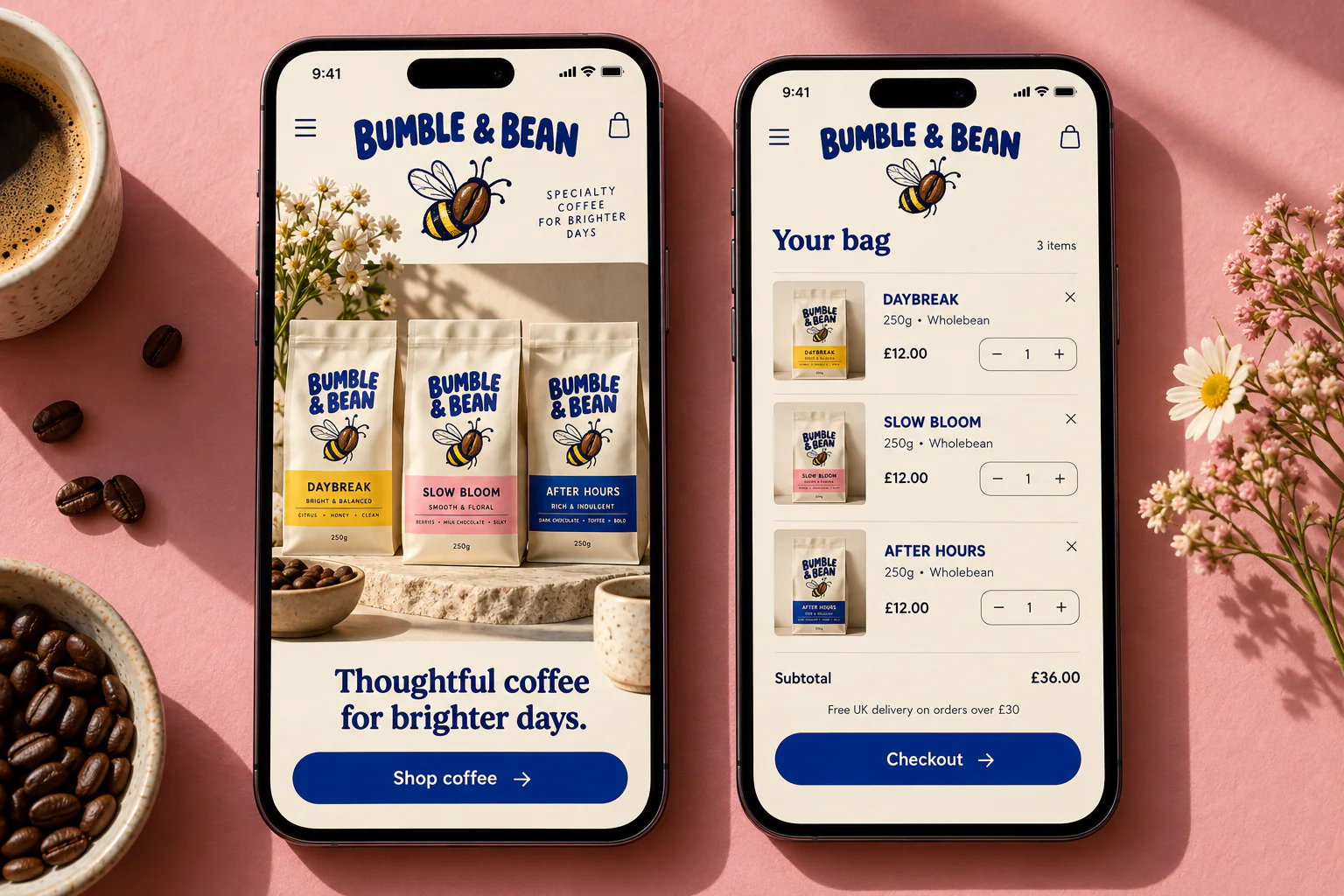 BUMBLE & BEAN · Visual mockup · website concept · mobile