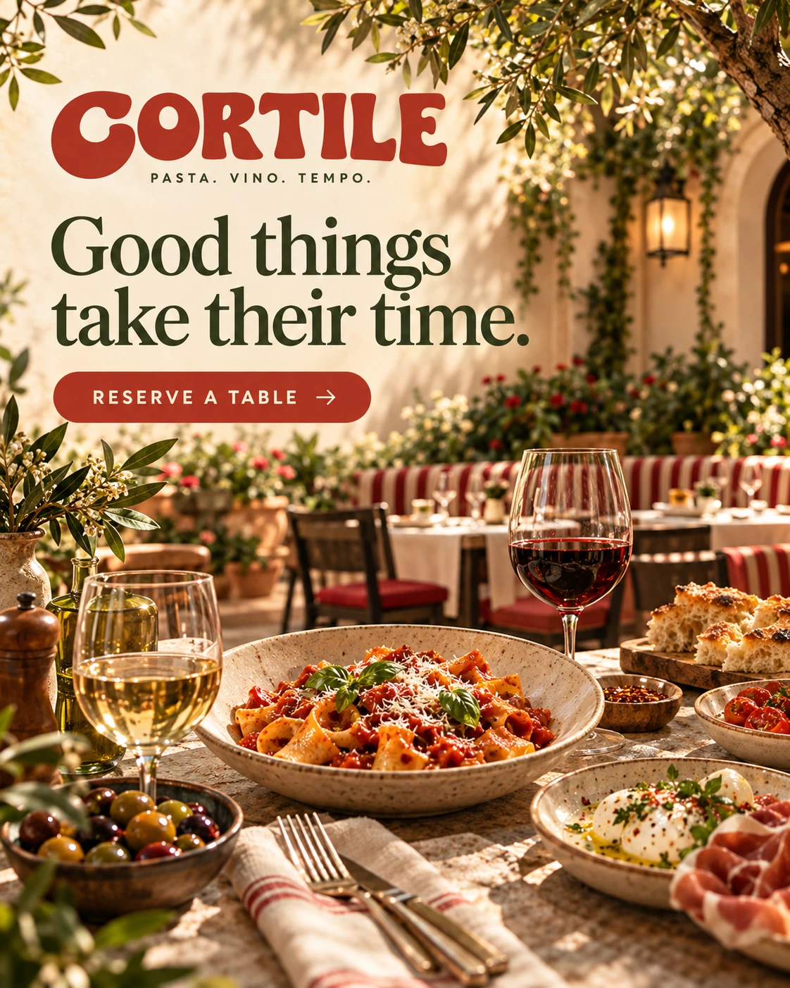 CORTILE · Digital ads / PPC 005 · Pasta. Vino. Tempo.