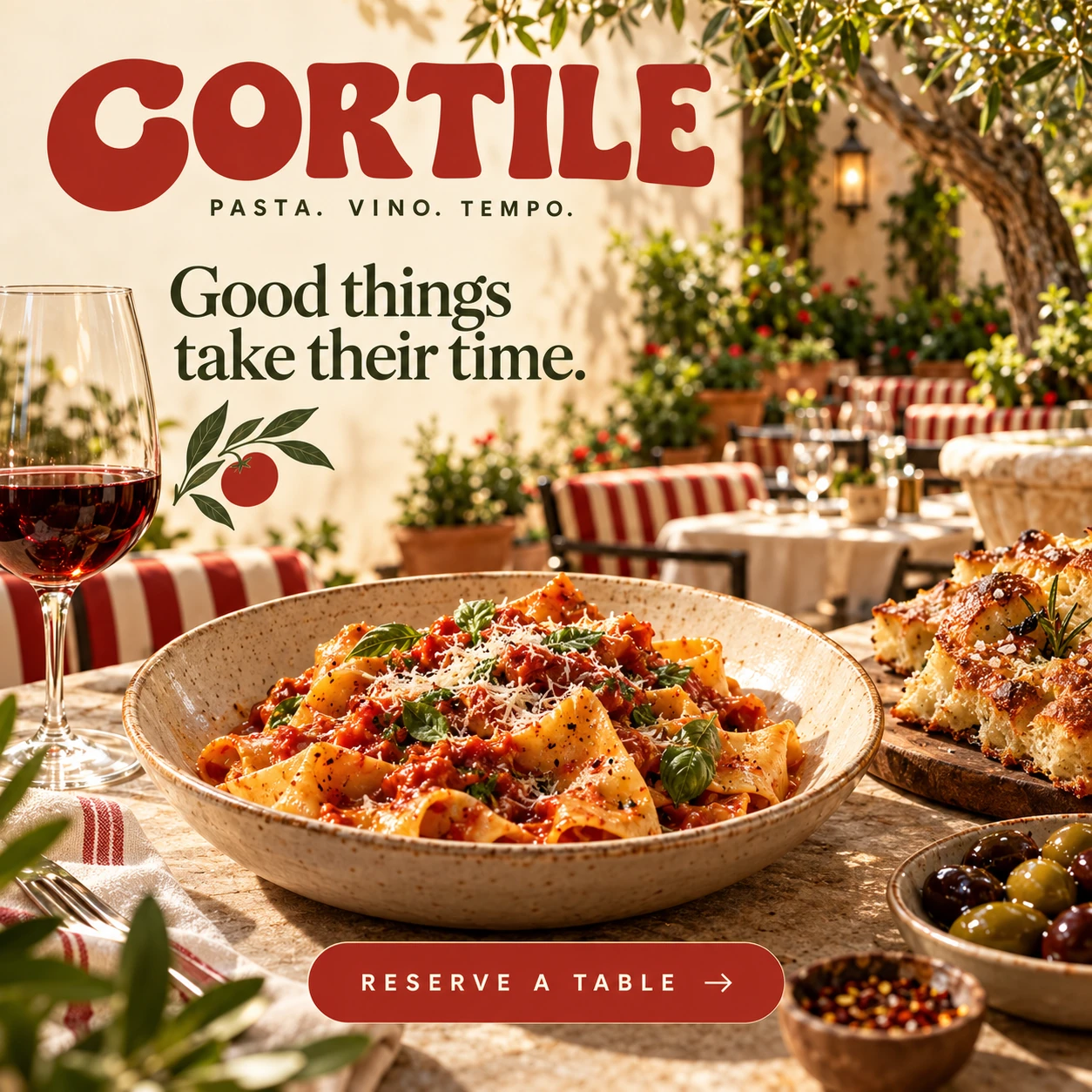 CORTILE · Digital ads / PPC 008 · Pasta. Vino. Tempo.