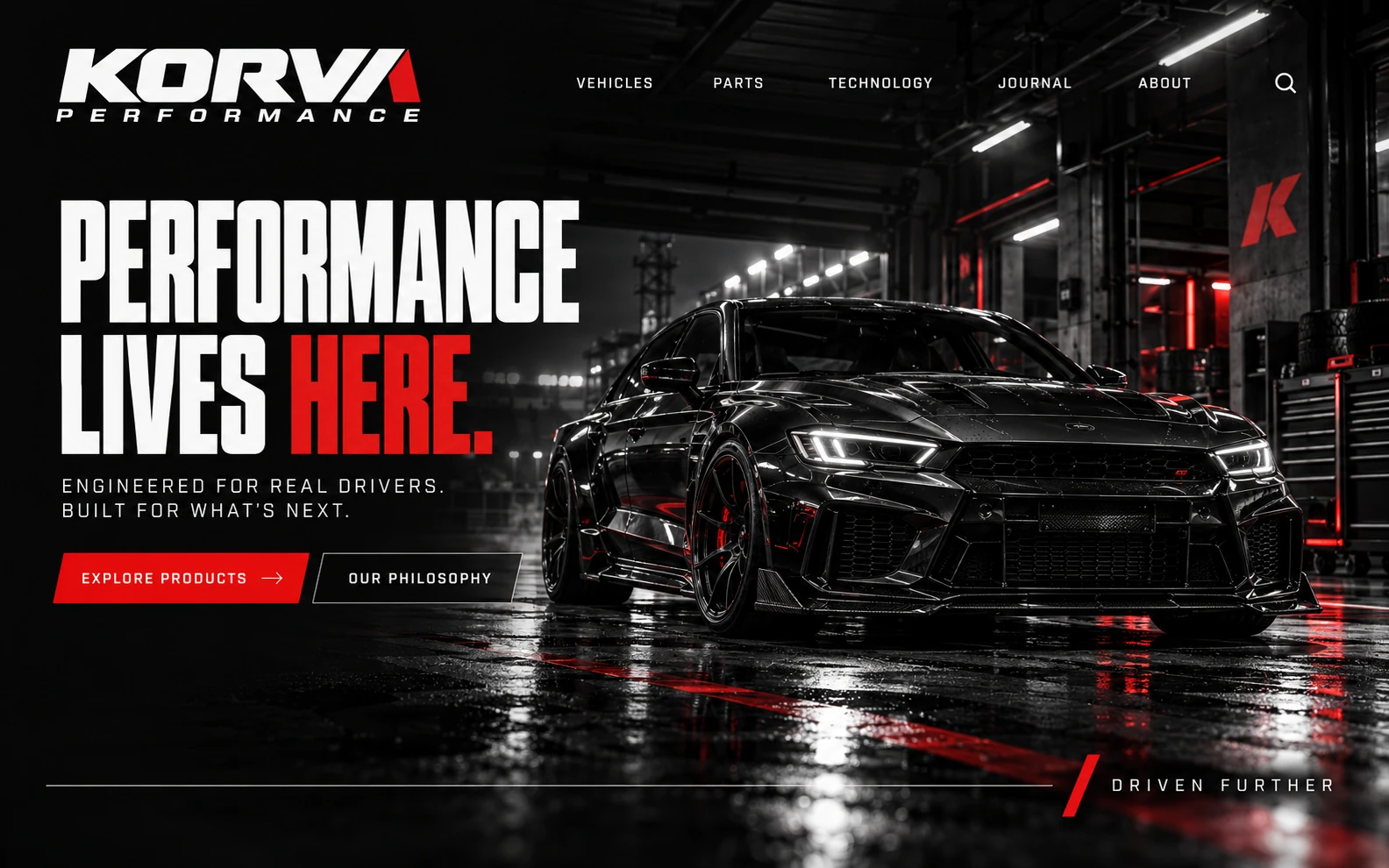 KORVA PERFORMANCE · Visual mockup · website concept · desktop