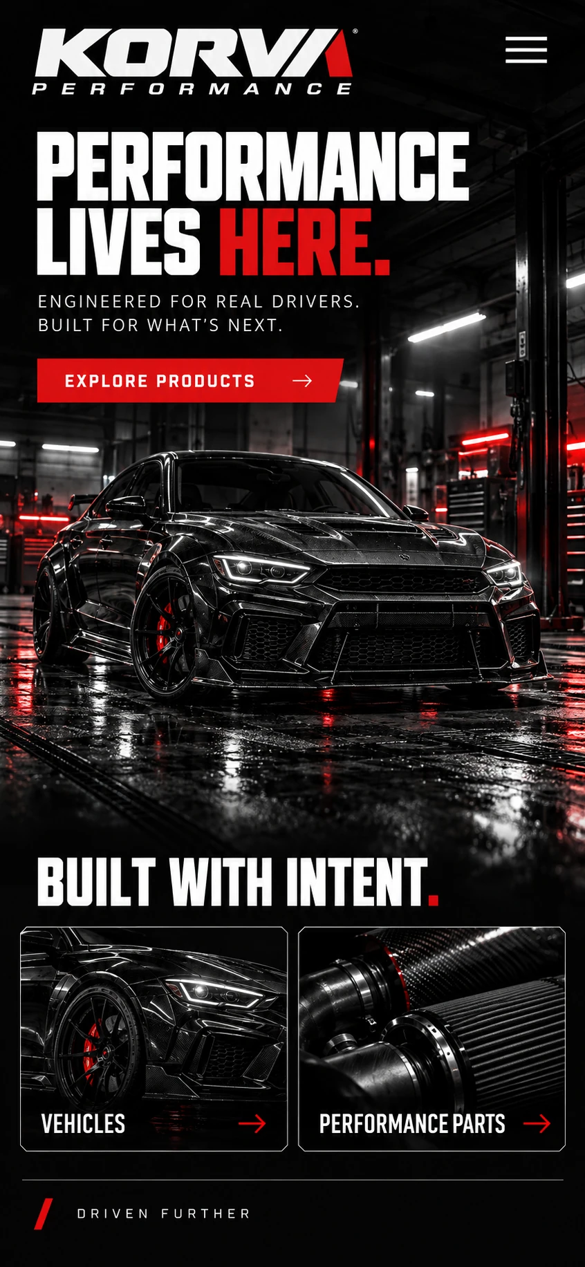 KORVA PERFORMANCE · Visual mockup · website concept · mobile