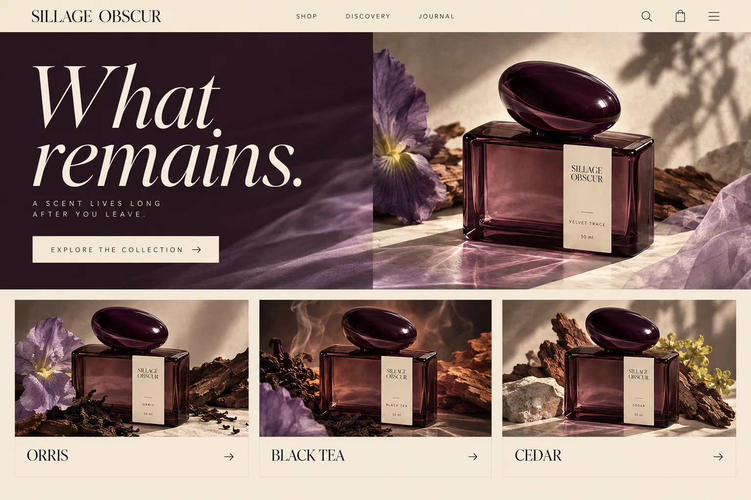 SILLAGE OBSCUR · Visual mockup · website concept · desktop