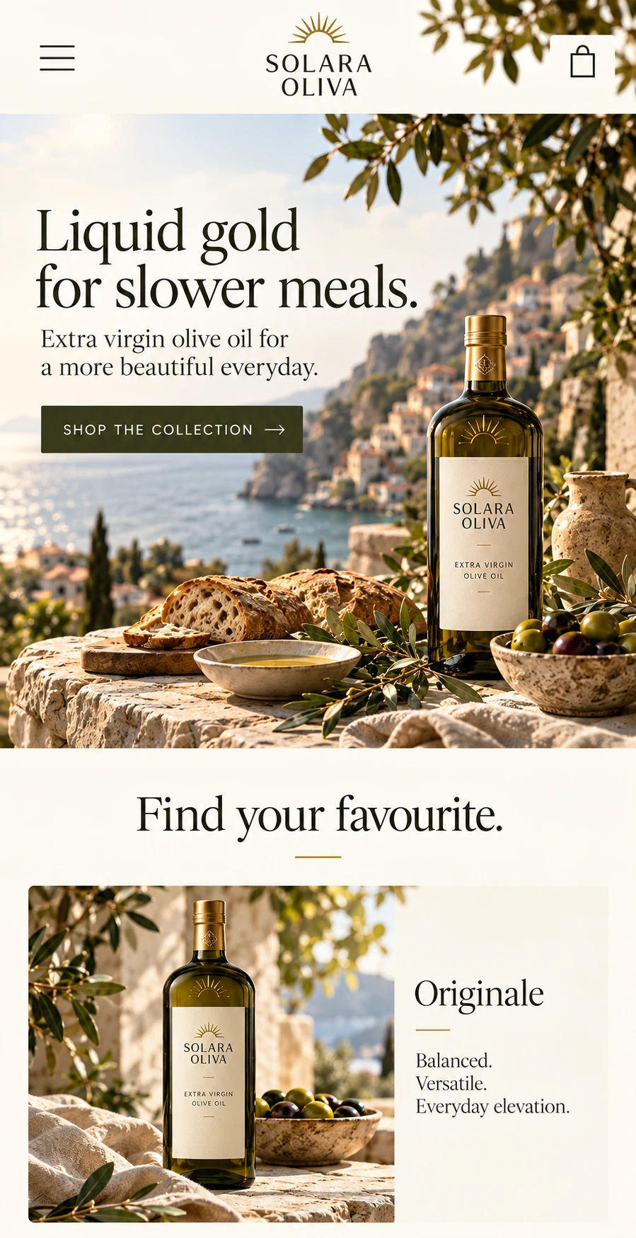 SOLARA OLIVA · Visual mockup · website concept · mobile