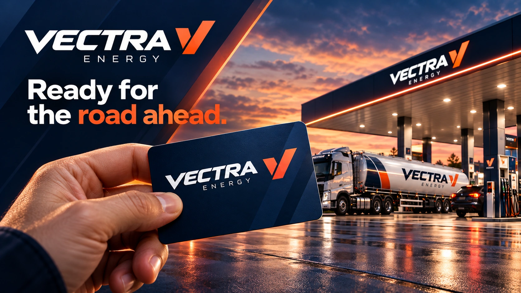 VECTRA ENERGY · Key visual: produsul în prim-plan · Direcția cardului de flotă