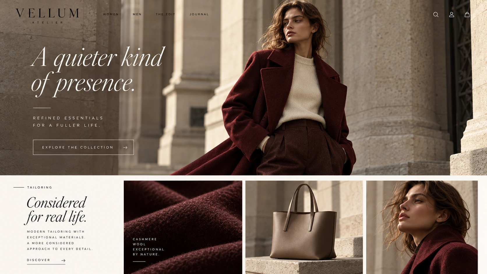 VELLUM ATELIER · Visual mockup · website concept · desktop