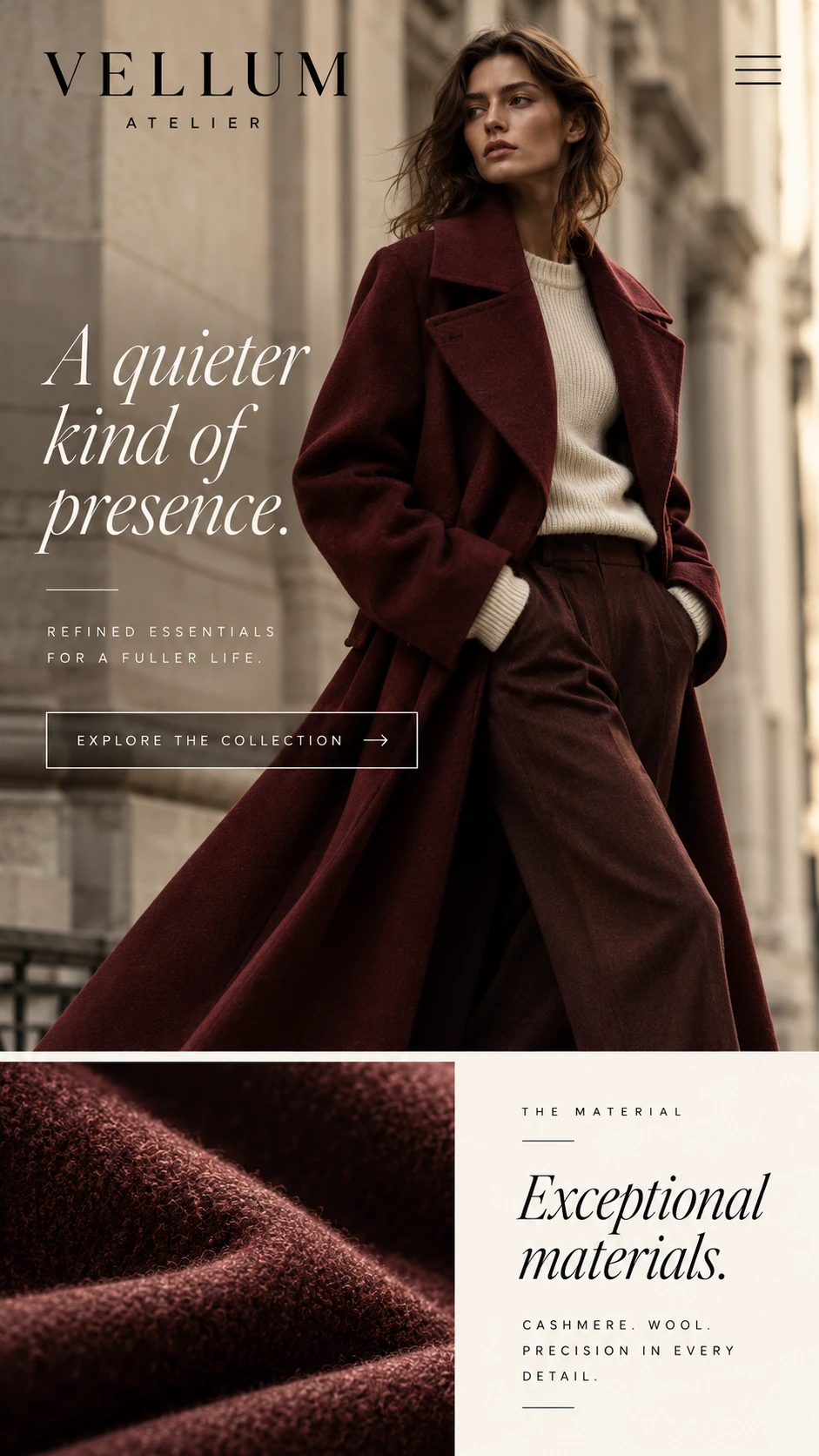 VELLUM ATELIER · Visual mockup · website concept · mobile