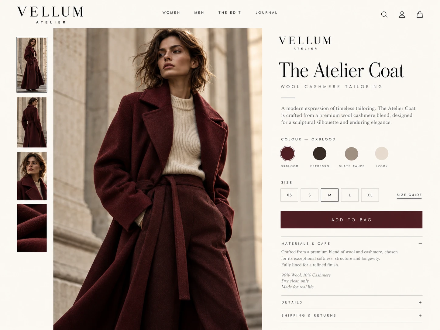 VELLUM ATELIER · The next step · concept mockup