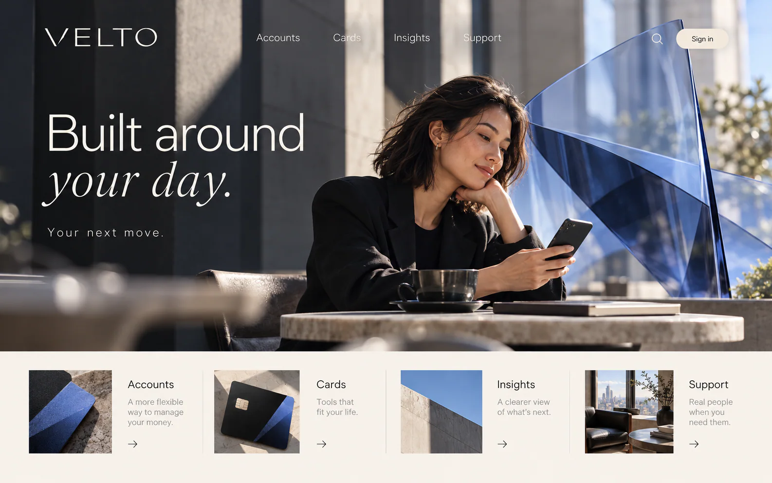 VELTO · Machetă vizuală · website conceptual · desktop